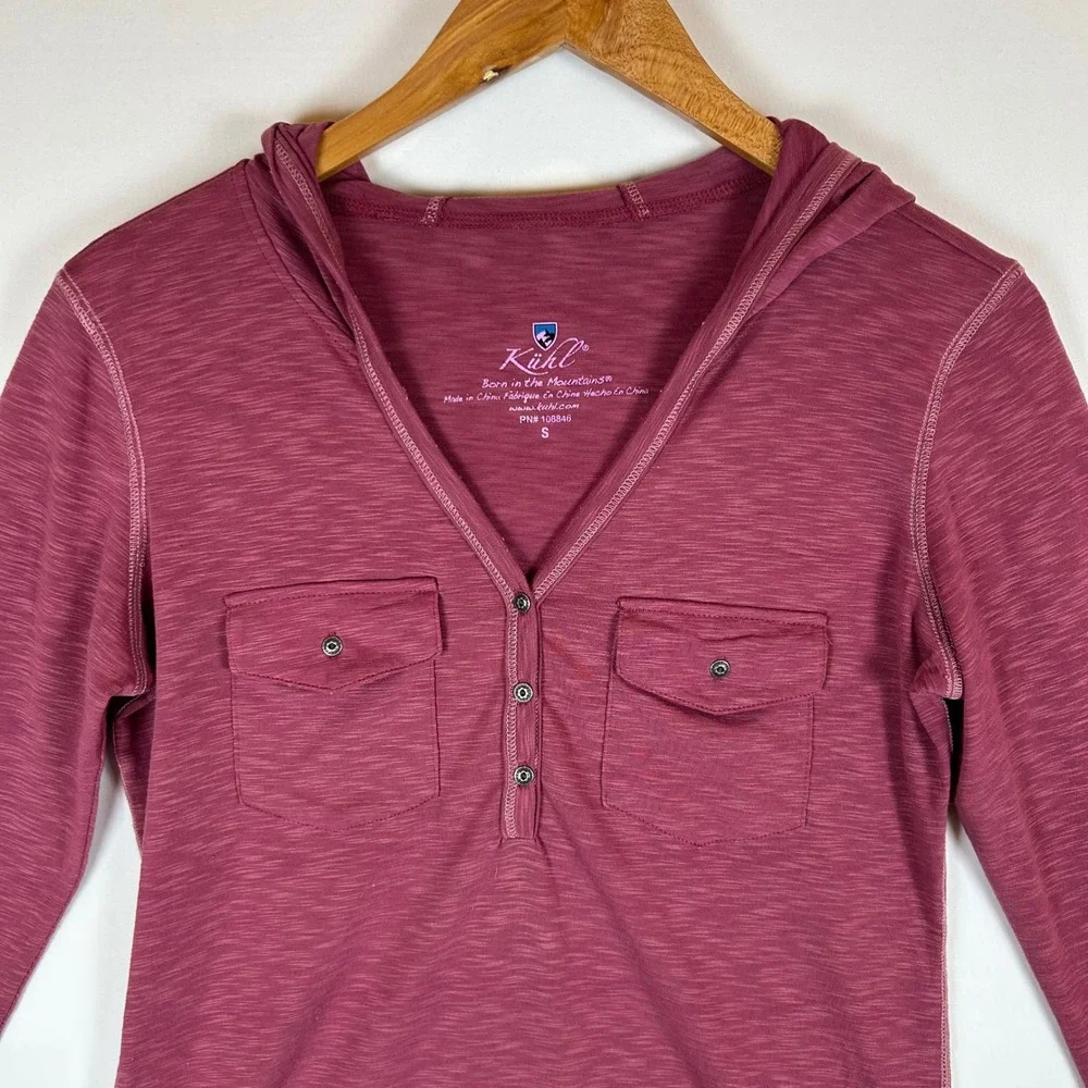 Kuhl Womens Burgundy Sora Hoody‎ Long Sleeve Hooded Henley Shirt Size Small - Picture 7 of 12
